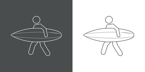 Icono plano lineal surfista con tabla en gris y blanco