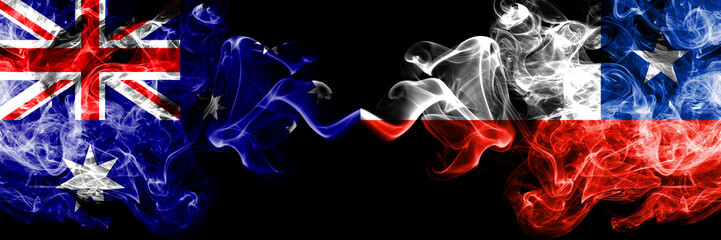 Australia vs Chile, Chilean smoky mystic flags placed side by side. Thick colored silky smokes combination of national flags of Australia and Chile, Chilean