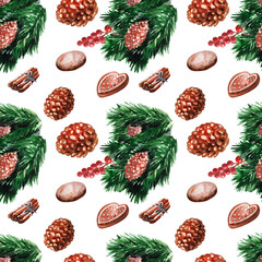 Watercolor Christmas background with spruce branches, sweets and berries