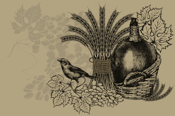 Bottle of wine in a basket and wheat, sitting bird with grapes. Vintage background, vector illustration. - 277664822