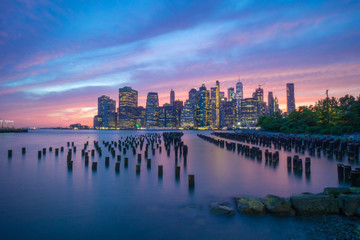 Colorful Blue & Pink New York City Skyline Sunset from Brooklyn Bridge Park