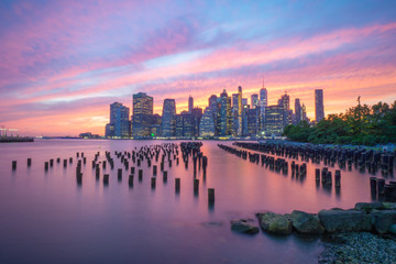 Colorful New York City Skyline Sunset from Brooklyn Bridge Park