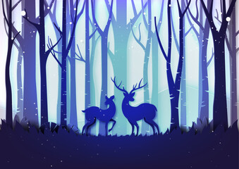 Winter season landscape and christmas day concept forest and deer wildlife on purple color background paper art style.Vector illustration.
