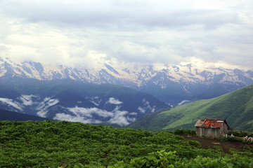 Fototapeta na wymiar View of a mountain valley near the village of Mestia in the Upper Svaneti region, Georgia.