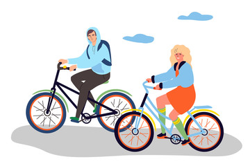 Boy and girl cycling - flat design style colorful illustration