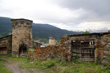 View of the Svan towers of the village of Mestia in the Upper Svaneti region, Georgia.