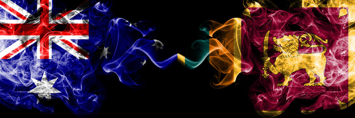 Australia vs Sri Lanka, Sri Lankan smoky mystic flags placed side by side. Thick colored silky smokes combination of national flags of Australia and Sri Lanka, Sri Lankan