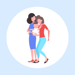 Two young mothers lesbians holding newborn baby