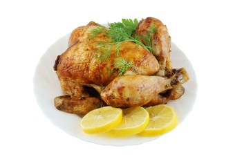 Grilled chicken in white plate isolated on white