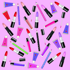 Vector illustration. Colorful, cute pattern with different cosmetics, such as lip stick, lip gloss, lip pencil. Light pink background. 