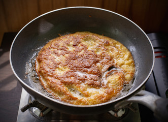 Omelette with Minced pork on pot. Thai Food Style,Traditional Thai crispy omelet