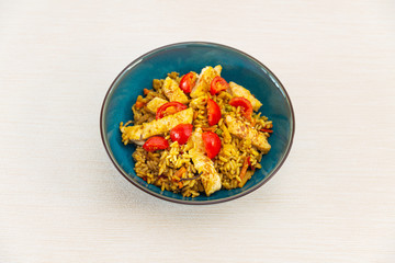 Vegetable rice with chicken meat preparation