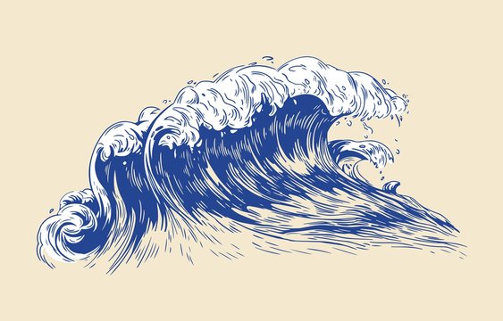 Elegant colored drawing of sea or ocean wave with foaming crest isolated on light background. Oceanic tide, wash or swash. Seawater or saltwater. Realistic vector illustration in vintage style.