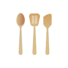 wooden kitchen utensils cooking tools set spatula icon flat white background