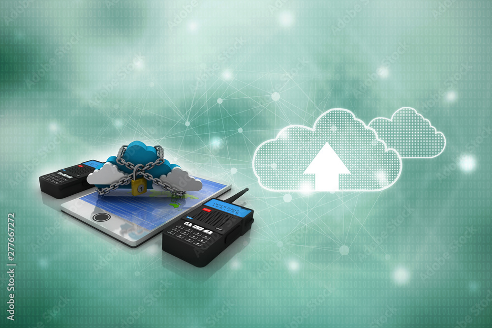 Poster 3d rendering latest radio transceivers with cloud lock in mobile phone