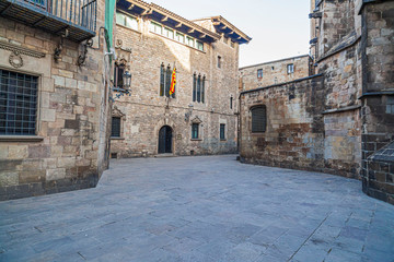 Fototapeta na wymiar Barcelona, Ancient street in gothic quarter, medieval buildings, cathedral and casa dels canonges.