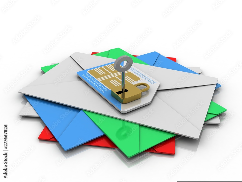 Poster 3d render sim card with padlock in envelop