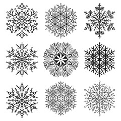 Set of vector snowflakes. Black and white winter ornaments. Snowflakes collection. Snowflakes for backgrounds and designs