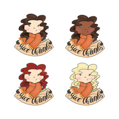 Naklejka premium Set Brunette Blonde African American Red Hair Girls In A Warm Scarf And With The Inscription Give Thanks Isolated On A White Background Hand Drawn Illustration