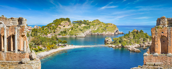 Panoramic collage with ruins of ancient Greek theatre and Isola Bella in Taormina, Italy.
