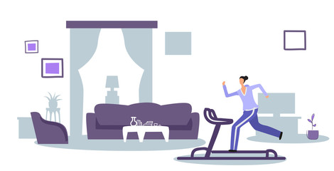 girl running on treadmill sportswoman working out home sport concept female cartoon character full length modern house living room interior horizontal sketch