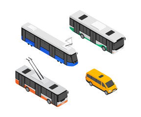 Public transport vehicles - modern vector isometric colorful elements