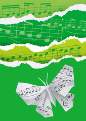  Origami butterfly on green background with musical notes.  Illustration of green ripped paper background with origami butterfly and musical notes. Vector available.