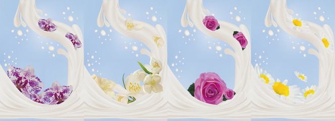 Set flowers in a milk splash. 3d realistic jasmine, rose, chamomile, orchid. Beautiful illustration. Banner.
