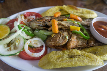 fried fish served with salad, plantains and sauce, American Style