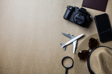 Top view of accessories used for leisure travelers.