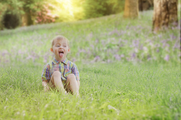 boy three years old sitting in the grass on a green meadow and shows his tongue