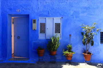 Blue street walls of the popular city of Morocco, Chefchaouen. Traditional moroccan architectural details. - 277672022