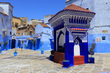 Blue street walls of the popular city of Morocco, Chefchaouen. Traditional moroccan architectural details. - 277672052