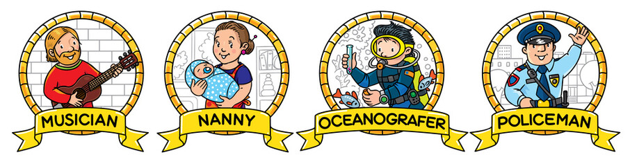ABC professions set. Musician, nanny, policeman, oceanographer