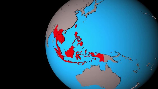 Closing in on ASEAN memeber states on political 3D globe. 3D illustration.