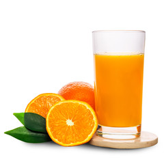 glass with orange juice and fruits on stone isolated on white background, concept of refreshing summer drink