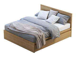 Wooden double bed with storage. 3d render