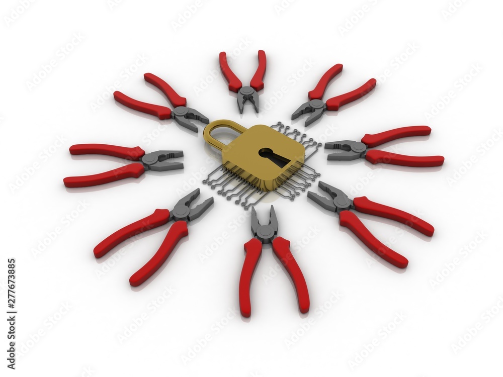 Poster 3d rendering lock protected microchips with cutting player