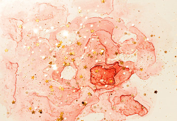 Alcohol ink drawing, watercolor pink stain with golden glitter