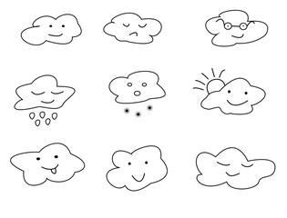 Different icons with clouds smiley. Contour black vector on white.