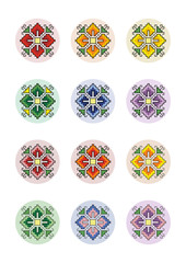 Digital Collage Sheet Circles Pixel Art Motif Shevitsa Rainbow, 12 Unique Designs, Bottle Cap, Icons, Isolated on White Background