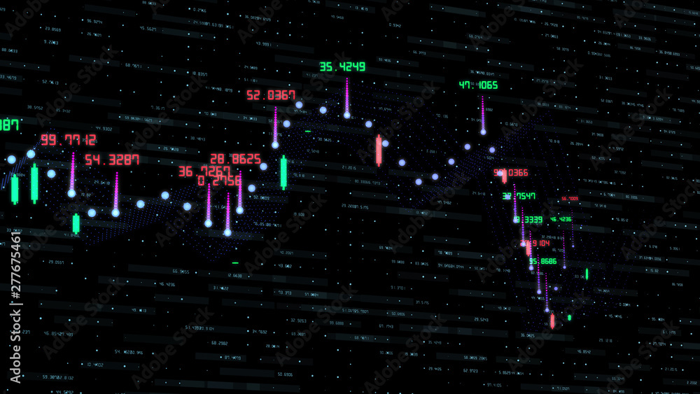 Poster financial graph and data showing a steady increase in profits, growing charts and flowing counters o