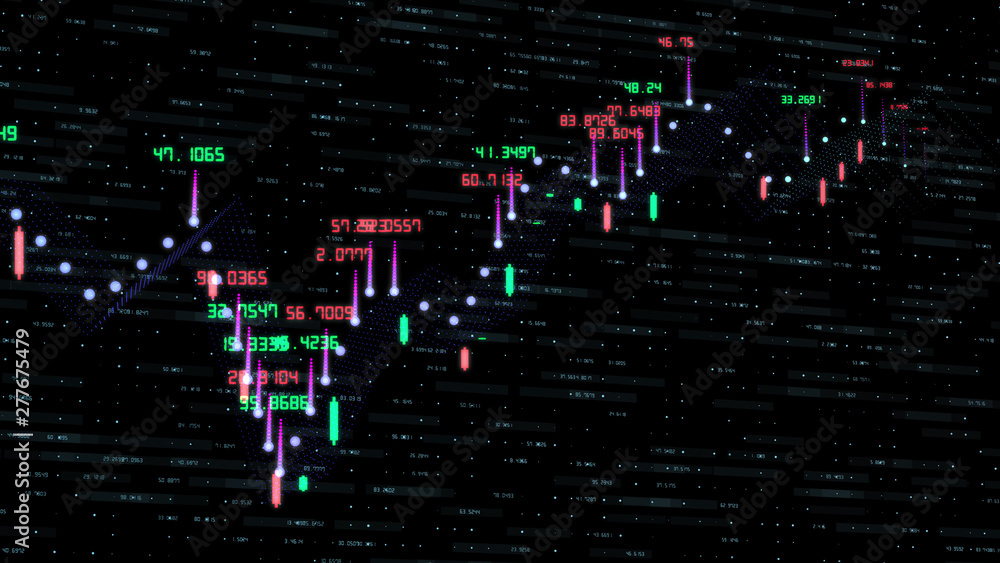 Poster financial graph and data showing a steady increase in profits, growing charts and flowing counters o