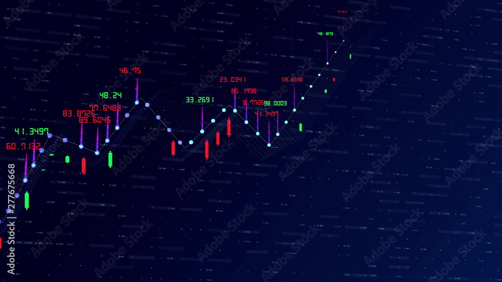 Poster financial graph and data showing a steady increase in profits, growing charts and flowing counters o