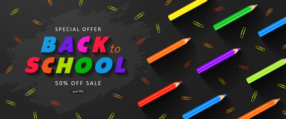 Special offer Back to School Sale. Advertising banner with colorful pencils and paper clips. Vector illustration for website , posters,ads, coupons, promotional material