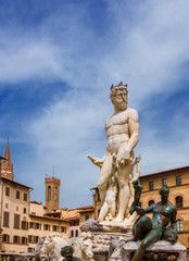 Fototapeta na wymiar Renaissance Fountain of Neptune, erected in 1565 in Piazza delle Signoria Square, in the historic center of Florence