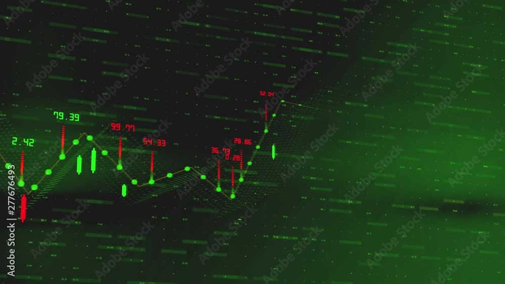 Poster financial graph and data showing a steady increase in profits, growing charts and flowing counters o