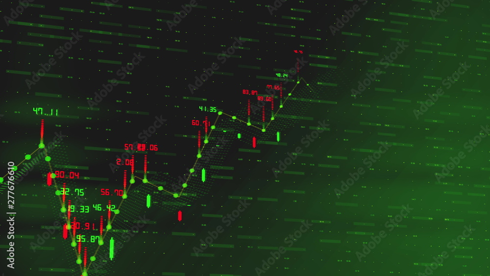 Poster financial graph and data showing a steady increase in profits, growing charts and flowing counters o