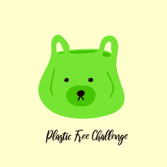 Illustration of fabric bag with funny bear face. Plastic free challenge quote.