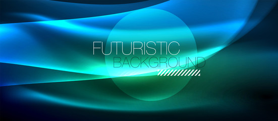 Glowing abstract wave on dark, shiny motion, magic space light. Techno abstract background